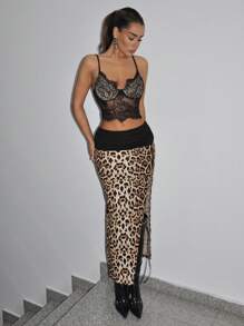 SHEIN ICON Váy Y2k Sexy Khaki Leopard Print Váy xẻ cao cho nữ, Thiết kế thắt lưng, Váy đi chơi - màu nâu - Xem 3