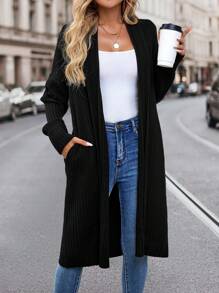 SHEIN LUNE Women's Casual Pocket Decorated Cardigan - Black - View 6