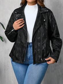 SHEIN LUNE Plus Size Dark Floral Pattern Long Sleeve Zip-Up PU Jacket For Autumn & Winter Winter Clothes - Black - View 4