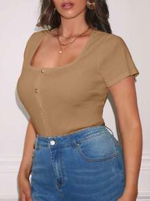 Auralis Plus Size Cổ tròn trơn đơn ngực ngắn tay áo thun đơn giản thông thường - Lạc đà - Xem 7