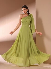 Solid Color Casual Dress For Women With Diagonal Shoulder & 3D Floral Decor - Green - View 3