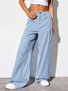 SHEIN EZwear Women's Casual Blue Striped Woven Wide Leg Pants With Straight Fit,Drape Cargo Trouser