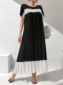 Mulvari 女士简约休闲撞色圆领短袖连衣裙 - 黑與白 - 查看 4