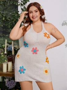 Flirla Hand-Crocheted Floral Pattern Slit Dress With Neck Tie For Plus Size Women - White - View 3