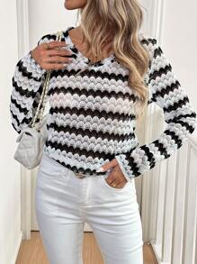 SHEIN LUNE Áo thun nữ dài tay đơn giản Colorblock - Đen và trắng - Xem 5