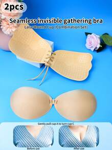 2 Pairs Plunge Backless Adhesive Bras With Removable Straps, Invisible Bras For Backless Dresses - Apricot - View 1