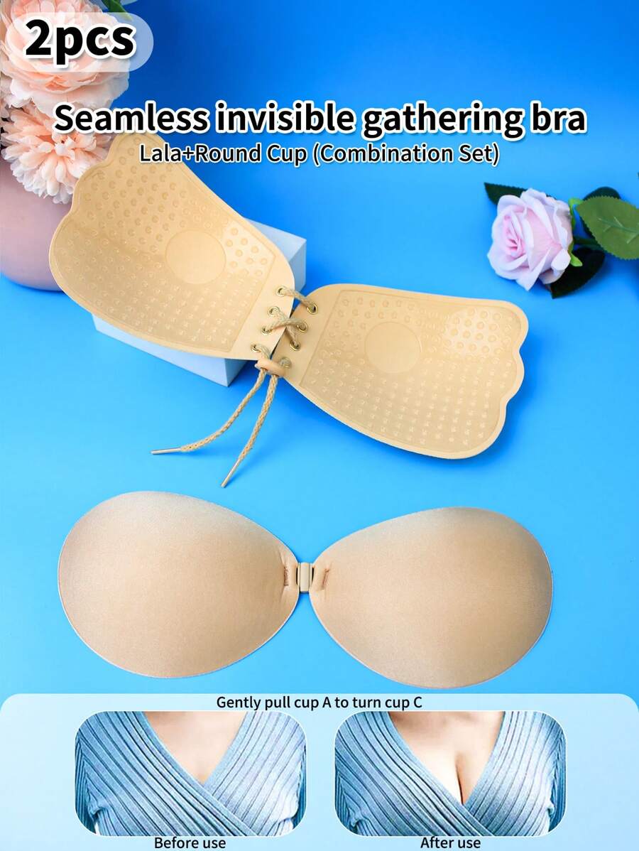 2 Pairs Plunge Backless Adhesive Bras With Removable Straps, Invisible Bras For Backless Dresses - Apricot - View 1