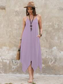 SHEIN BohoFeels Women Casual Solid Color Asymmetric Hem Slip Dress