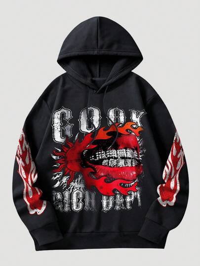 Street Life Men's Casual Lip & Letter Print Thermal Lined Hoodie, Autumn/Winter, School