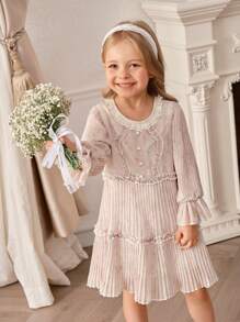 SHEIN Váy chiffon thường ngày cho bé gái có cổ ren, xếp ly và nút trang trí, 1 chiếc - Nhiều màu - Xem 3