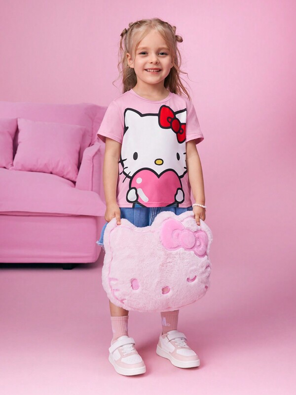 HELLO KITTY AND FRIENDS | SHEIN Young Girl Cute Heart Print Sweet Pink Short Sleeve T-Shirt, Summer