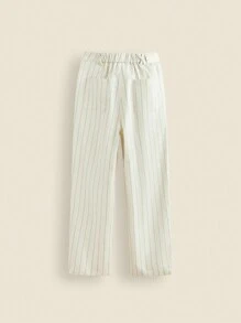 THE HAPPY LOOK Pantalones largos casuales, rectos y relajados con estampado a rayas, tela tejida, aptos para niñas adolescentes en primavera, verano, otoño e invierno - Beis - Ver 2