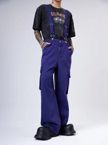 Manfinity Denimwave 男式深蓝色水洗牛仔宽松工装裤、休闲背带裤 - 深色水洗藍 - 查看 1