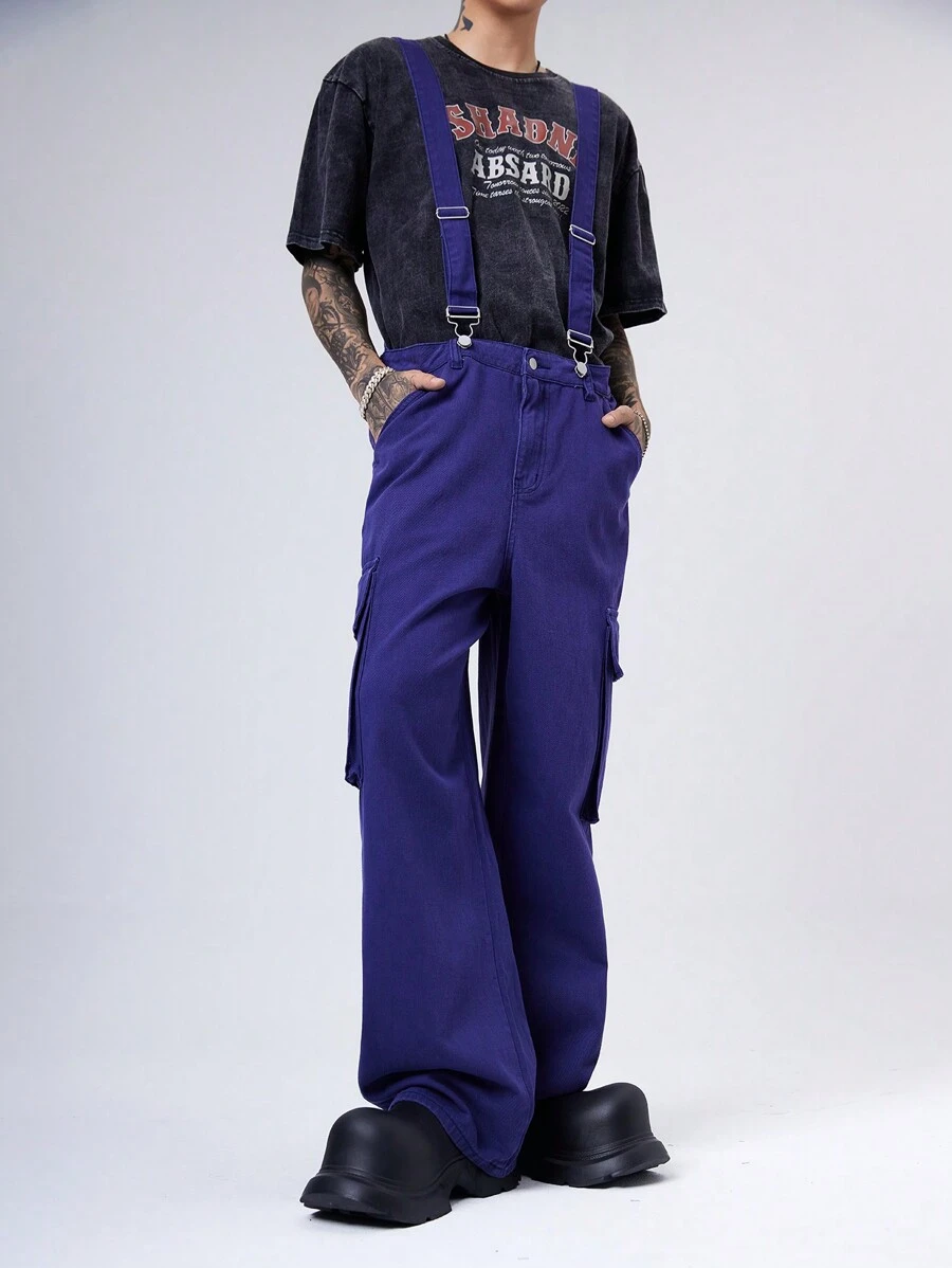 Manfinity Denimwave 男式深蓝色水洗牛仔宽松工装裤、休闲背带裤 - 深色水洗藍 - 查看 1