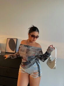 POPSWAY Plus Letter Graphic Off Shoulder Mesh Top Fall Cloth For Women - Multicolor - View 5