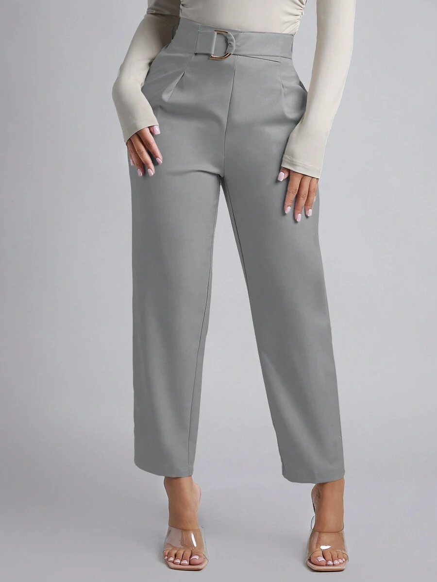 SHEIN PETITE Pantalones entallados con cinturón de color sólido para primavera - Gris - Ver 1
