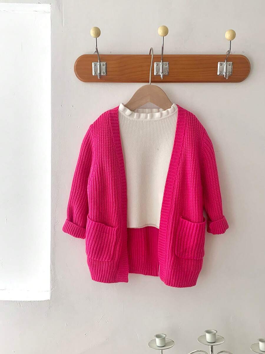 SHEIN LMoss Kids Babygirl Cute Warm Simple Solid Color Long Sleeve Cardigan Sweater, Autumn/Winter