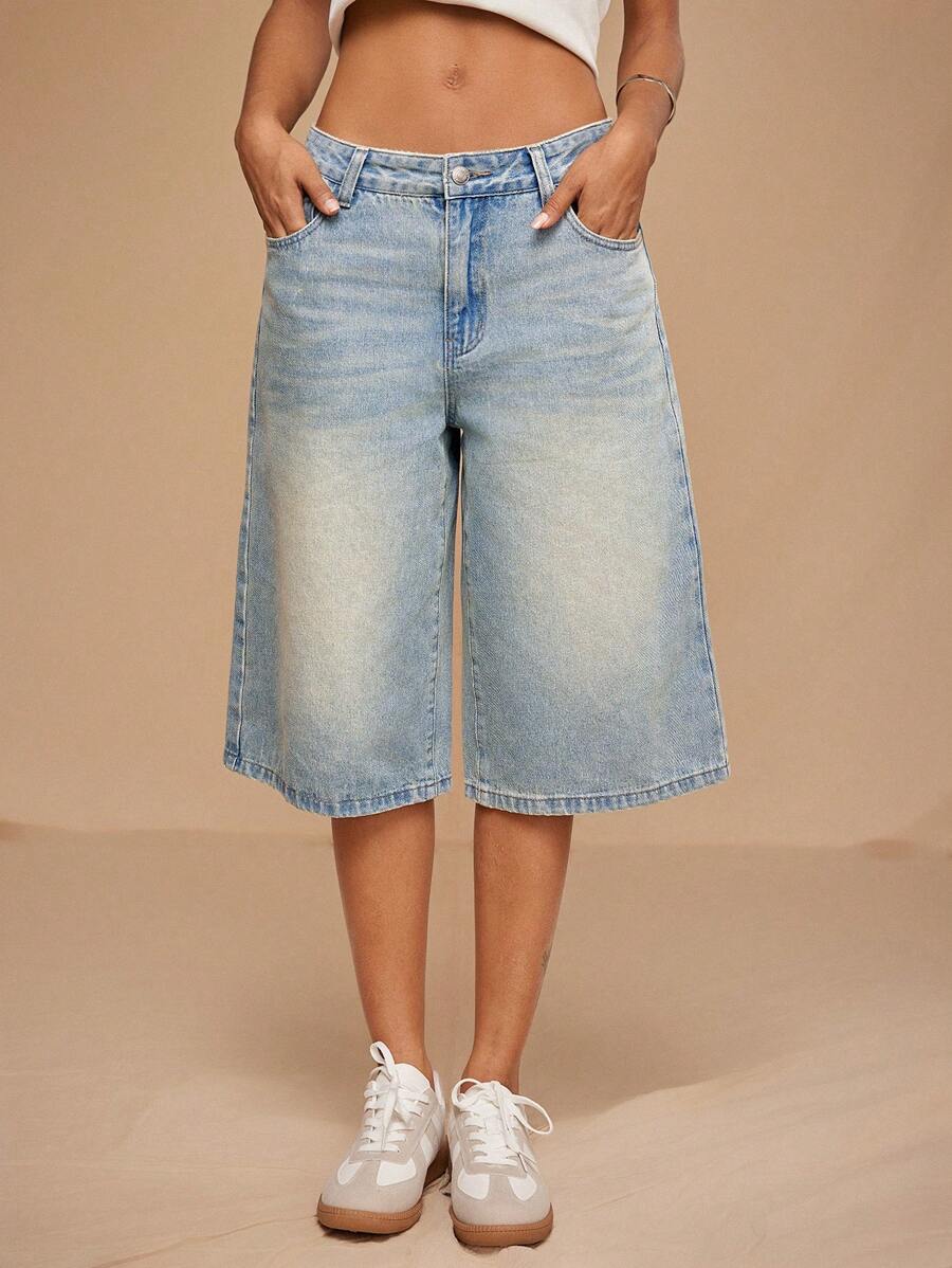Forever 21 Quần Jeans Ngắn Ống Rộng/Ống Thẳng Cạp Thấp Cổ Điển Cho Nữ Mùa Hè, Thu & Đông Màu Xanh Nhạt Đã Giặt - trắng - Xem 1