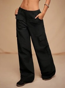 Forever 21 秋冬女士黑色阔腿裤/返校裤/外出裤/工装裤/宽松裤/低腰裤/直筒裤/口袋裤/教师裤/Y2k裤/降落伞裤/外出裤 - 黑色 - 查看 4