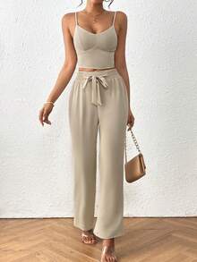 SHEIN PETITE 2 Cái/bộ Áo Ống Màu Mai & Quần Ống Suông Cao Cấp Co-Ord - Màu be - Xem 5