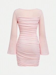 SHEIN Girlism 少女针织网眼圆领褶饰休闲喇叭袖连衣裙 - 淺粉色 - 查看 2