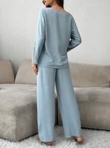 Women's Contrast Lace Cardigan And Pajama Set