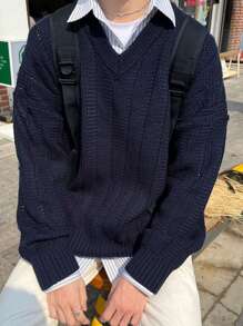 DAZY 男士纯色 V 领毛衣，秋季 - 藏蓝色 - 查看 3