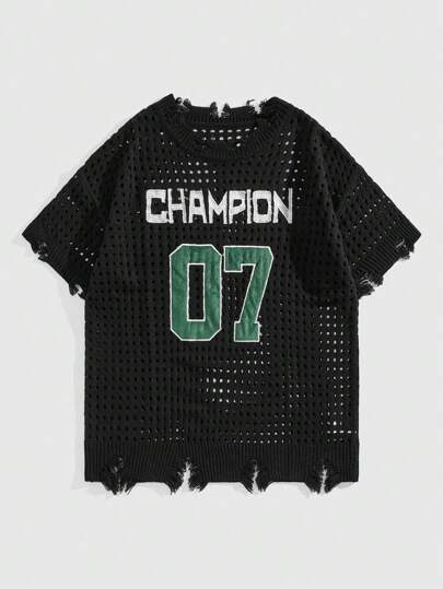 Men Perforated Distressed Knitted Short Sleeve Pullover Sweater, School, Football Style