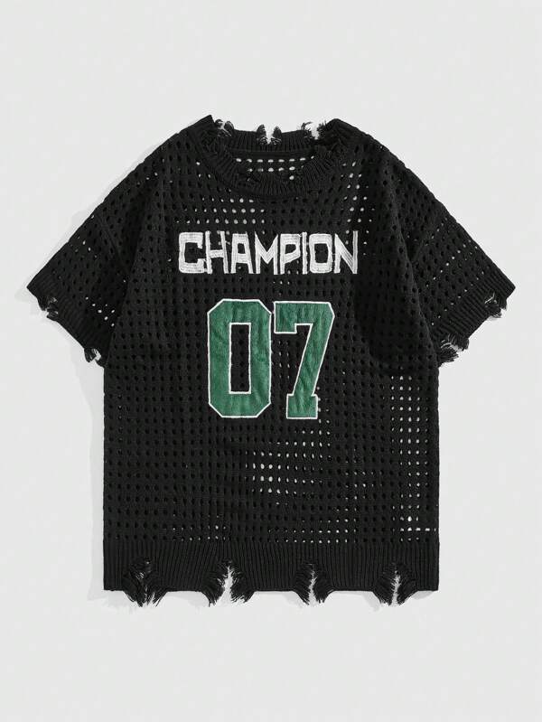 ROMWE MEN Men Perforated Distressed Knitted Short Sleeve Pullover Sweater, School, Football Style