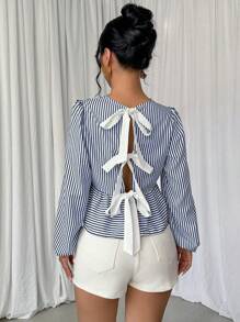 Elenzga Women's Spring/Summer Loose Striped Shirt With Knotted Back, Ruffled Hem And Long Sleeves,Long Sleeve Tops - Navy Blue - View 4