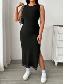SHEIN EZwear Plus Size Women's Solid Color Minimalist Daily Sleeveless Mesh Slit Pleated Dress - Black - View 3