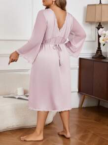 Camisón elegante de manga larga con escote en V y panel de encaje para mujeres de tallas grandes - Rosa vieja - Ver 2