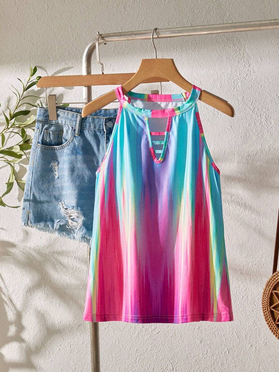 SHEIN LUNE Brush Print Cut Out Halter Top - Multicolor - View 1