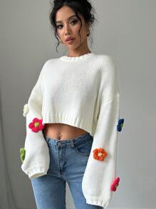 Chiquease Women's Floral Decor Oversized Round Neck Drop Shoulder Loose Casual Sweater, Autumn Winter