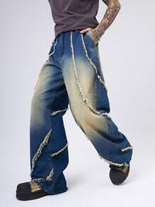 Manfinity Denimwave Men's Dark Vintage Washed Asymmetrical Hem Patch Embellished Wide Leg Baggy Jeans