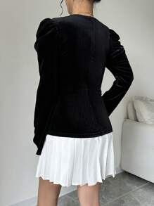 Chiquease 女士圆领长袖褶边温柔甜美女友风连衣裙 - 黑色 - 查看 2