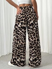 SHEIN EZwear Quần dài in họa tiết da báo dành cho nữ thường ngày - màu nâu - Xem 2