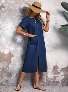 SHEIN LUNE Women's Solid Color Simple Casual Dark Color Round Neck Short Sleeve Denim Dress