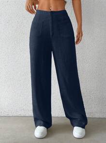 SHEIN EZwear Quần nữ dệt thường ngày màu xanh hải quân - Màu xanh hải quân - Xem 3