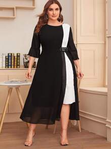 SHEIN Clasi Plus Colorblock Mesh Overlay Pleated Detail Dress