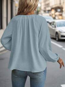 SHEIN LUNE 大码女式纯色前系带蝙蝠袖休闲衬衫，春夏季 - 藍色 - 查看 2