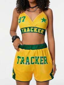 Muchica Y2K Dạo Phố Chic Colorblock Brazil Quần Short Bikini In Hình Bộ Co-Ord Cho Nữ - Màu vàng - Xem 5