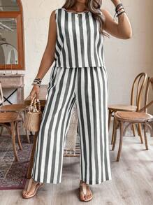 SHEIN Clasi 2pcs Plus Size Casual Button-Front Sleeveless Top And Pants Set - Black - View 3