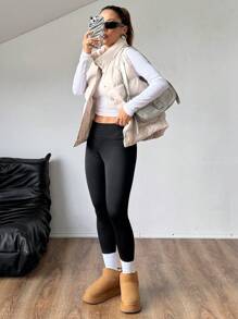 SHEIN Unity 轻薄无袖立领棉质背心，休闲百搭，冬季 - 淺灰色 - 查看 4