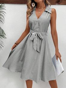 SHEIN LUNE Women Striped Tie-Up Midi Dress - Multicolor - View 5