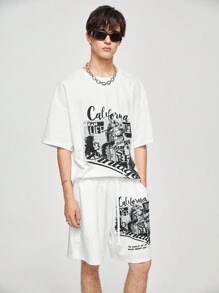 Manfinity Hypemode Men's Slogan Print Round Neck Drop Shoulder T-Shirt & Drawstring Waist Shorts Set, Summer - White - View 5