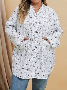EMERY ROSE Plus Ditsy Floral Print Curved Hem Blouse - Black and White - View 2