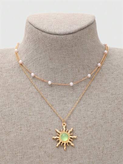 Fairycore 1pc Faux Pearl Necklace With Olive Green Sun Shaped Pendant, Daily Wear & Holiday Gift
