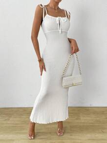 Calvaya Solid Color Tie-Front Pleated Drawstring Cami Dress, Summer