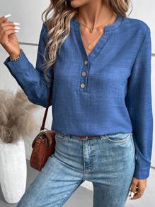 SHEIN LUNE Blusa informal con cuello en V, manga larga, botones delanteros y bolsillo para mujer